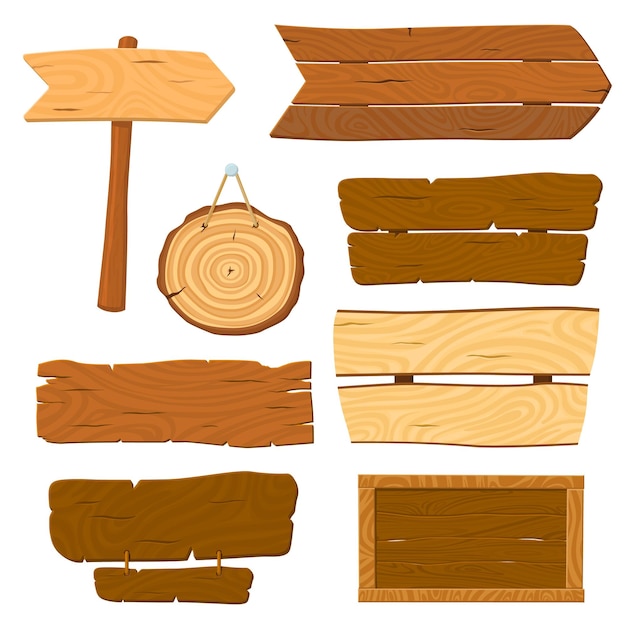 Isolated wooden planks Cartoon planked sign wood board banners Hanging signboard old rustic panel and road pointer recent Vector game elements set