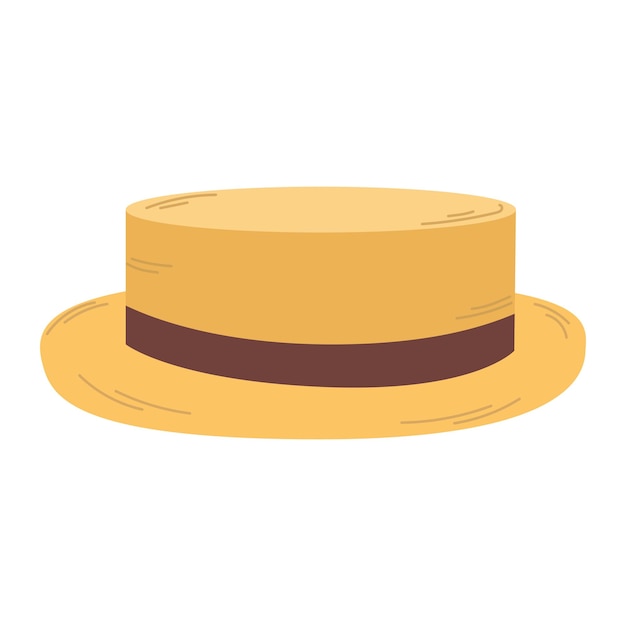 Изолированная желтая соломенная мужская шляпа с коричневой лентой на белом фоне в плоском стиле