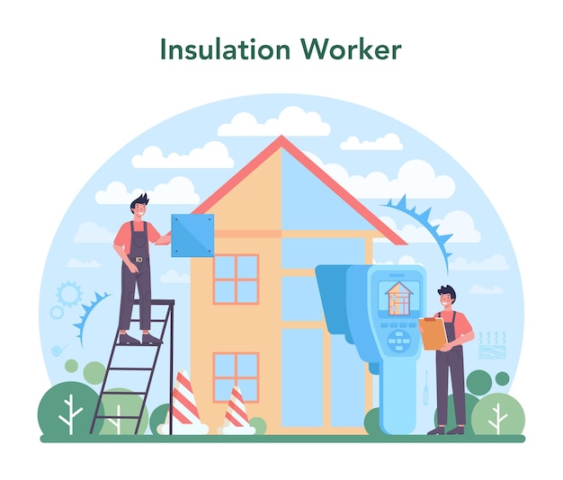 Vector isolatieconcept thermische of akoestische isolatie werknemer die isolatiematerialen zet bouwservice huisrenovatie geïsoleerde platte vectorillustratie