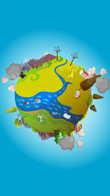 Isomatische 3D Blauwe planeet met dieren en wolken