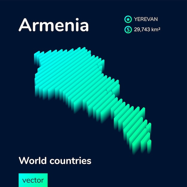 Isomentic 3D Map of Armenia is in green and mint colors on the dark blue background