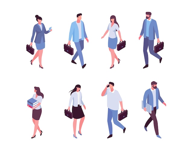 Isomeric business people walking vector set Flat vector characters isolated on white background