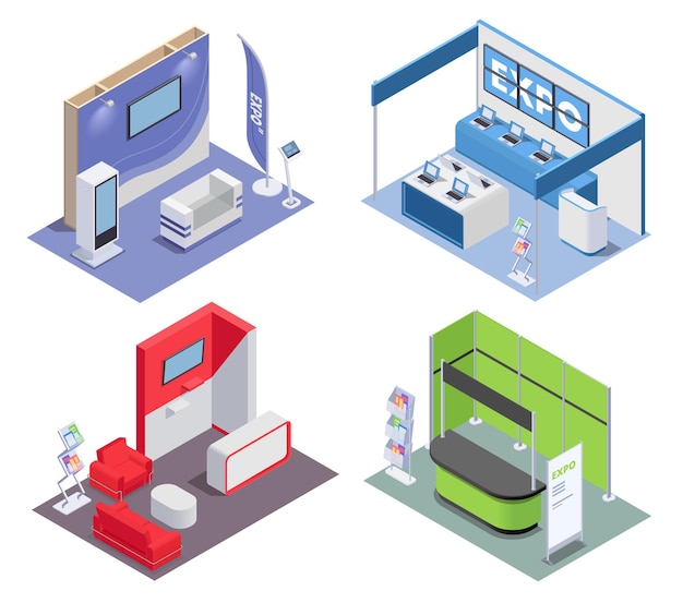 Isometric 2x2 design concept with empty expo stands in rooms for exhibition and promotion 3d isolated  illustration