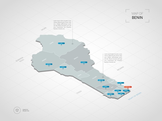 Изометрическая 3d карта бенина. стилизованная векторная карта с городами, границами, столицей, административными делениями и указателями
