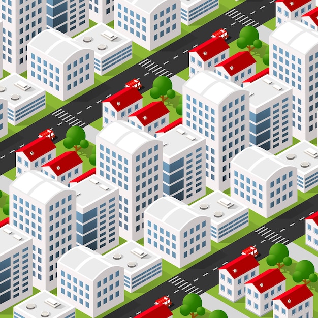 Vector isometric 3d downtown city block district part of the city with a street road building