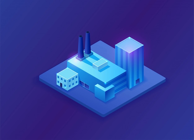 Vector isometric 3d factory, blue neon glowing plant