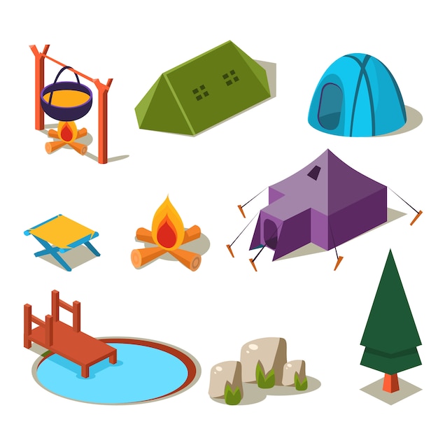Vector isometric 3d forest camping elements
