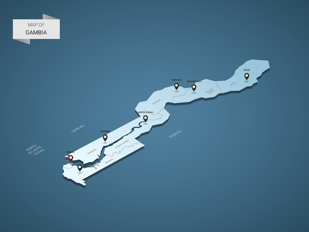 Vettore mappa 3d isometrica gambia, illustrazione con città, confini, capitale, divisioni amministrative e segni di puntamento