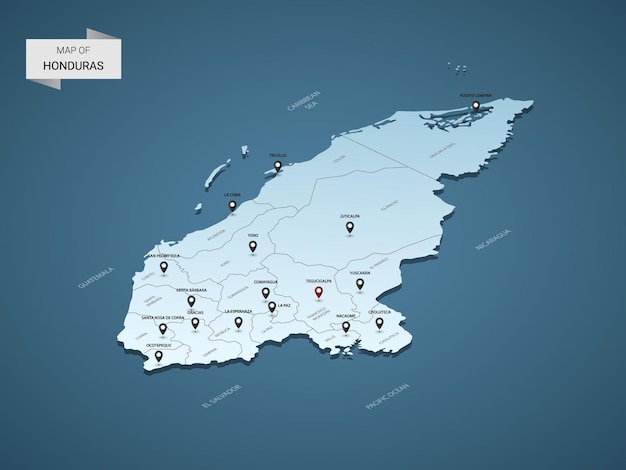 Isometric 3d honduras map,    illustration with cities, borders, capital, administrative divisions and pointer marks