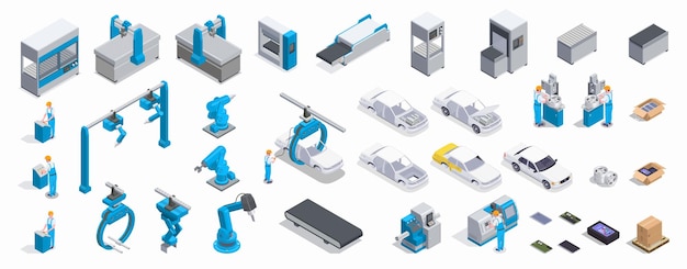 Vector isometric 3d icons set with male mechanics repair parts and automated industrial equipment for car production isolated on white background vector illustration