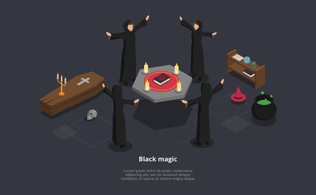 黒魔術の儀式の等尺性3Dイラスト。 LoremIpsumテキストを使用したベクトル構成。テーブルの周りで儀式を行う黒いマントルピースの4人のキャラクター