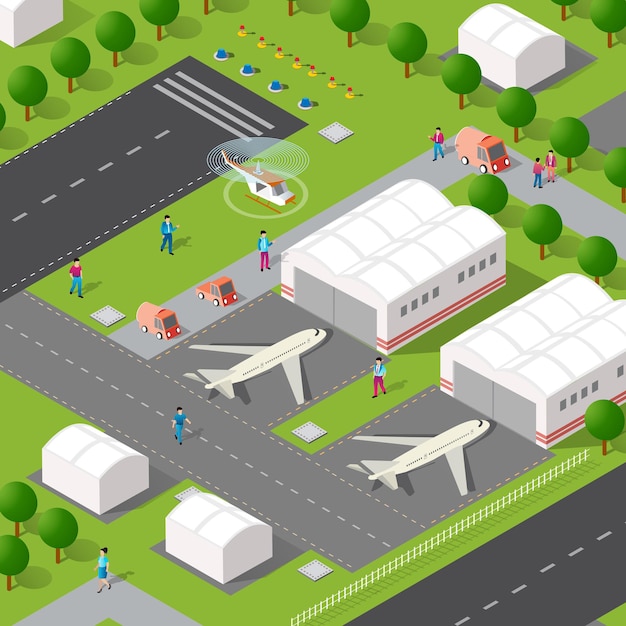 거리, 사람, 자동차와 도시 공항 대패의 아이소 메트릭 3D 그림