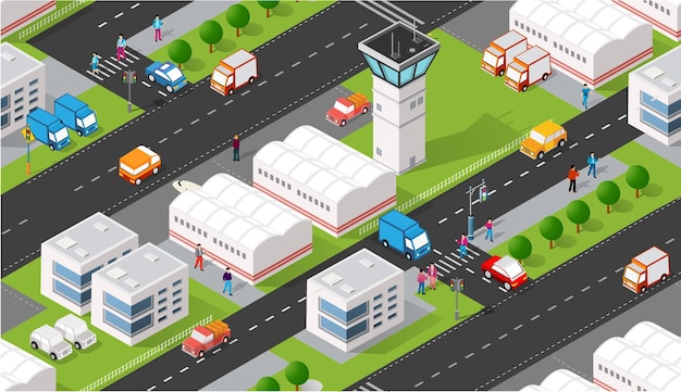 Изометрическая 3d иллюстрация городского квартала с улицами, людьми, автомобилями