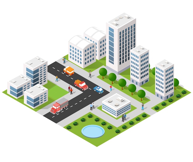 Vector isometric 3d illustration city urban area with a lot of houses and skyscrapers