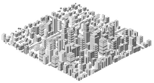 住宅や高層ビルがたくさんある等角投影の 3D イラスト都市市街地