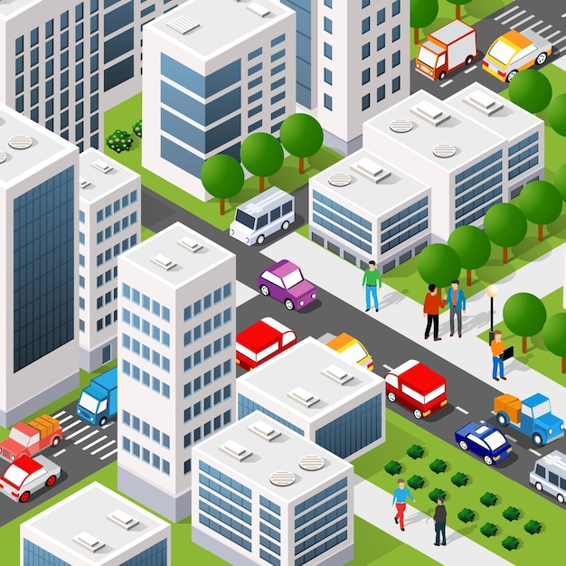 Изометрическая трехмерная иллюстрация городского квартала с домами, улицами, людьми, автомобилями.