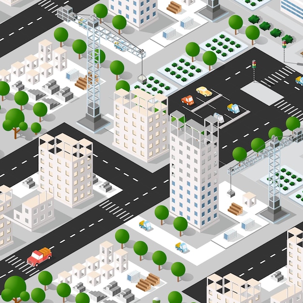 Isometric 3d illustration of the urban building with multiple house and skyscrapers, construction machinery, cranes, and vehicles