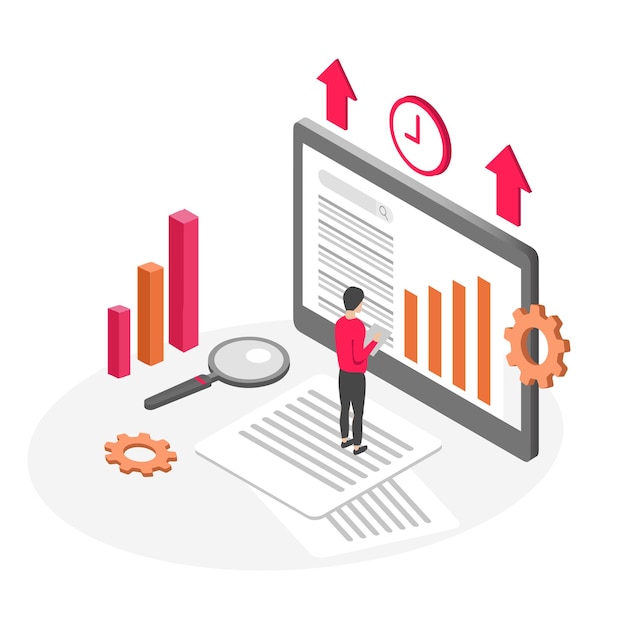 Isometric 3d illustration of website analytics and promotion The process of organizing marketing