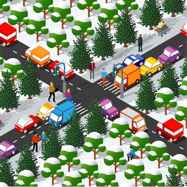 Un'illustrazione 3d isometrica di una città invernale comprendente automobili