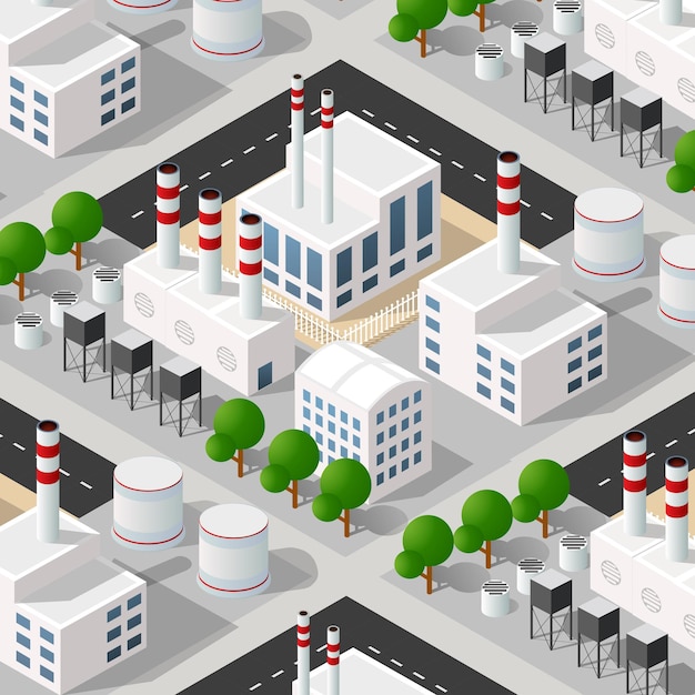 Isometric 3d of the industrial district city quarter with streets.