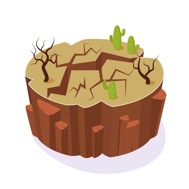 Isometric 3D island game with landscape of the earth Element of gaming environment visual interface of dry empty cracked ground earth with deep pit with cactus dry trees Vector illustration
