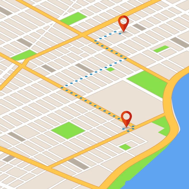 Vector isometric 3d map with location pins. gps navigation vector background