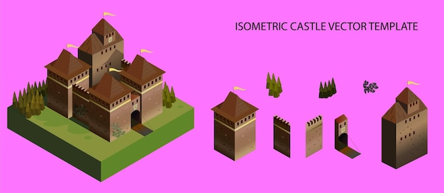 Isometrico 3d catle medievale set vettoriale