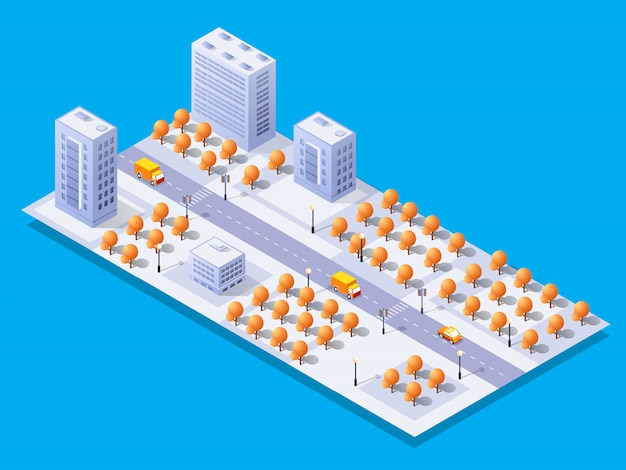 Parte isometrica del distretto del blocco di modulo 3d della città con un grattacielo della costruzione di strade della via