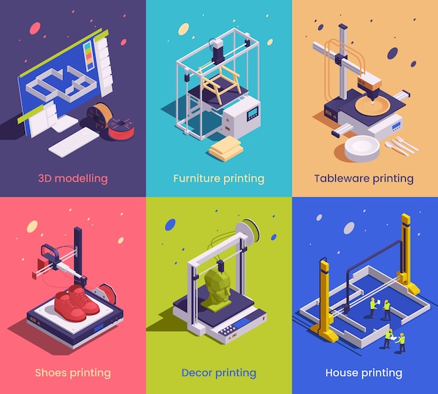 Vector isometric 3d printing mini composition set