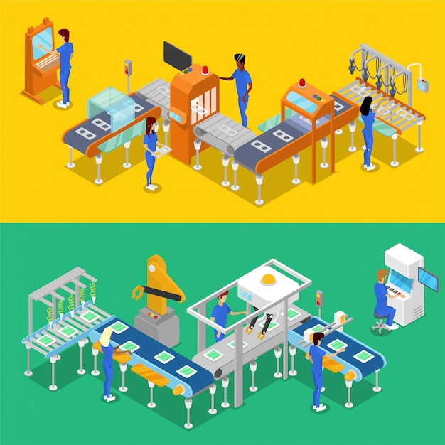 isometric 3d production line concept set
