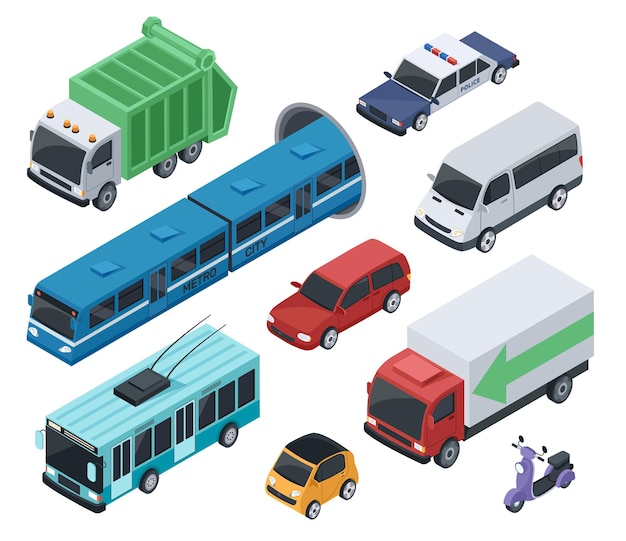 Vector isometric 3d public transport and city vehicle car truck van subway train police car vector set