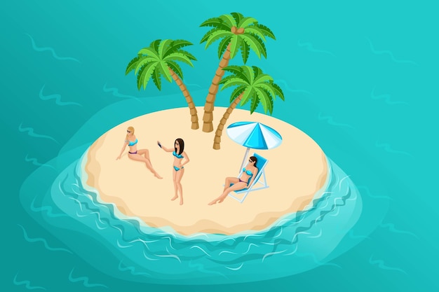 Isometric 3D sand island in the sea ocean palm tree under the sun