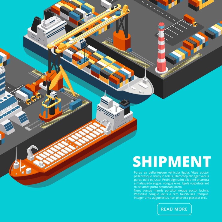 Vector isometric 3d seaport terminal template with cargo ships, cranes and containers