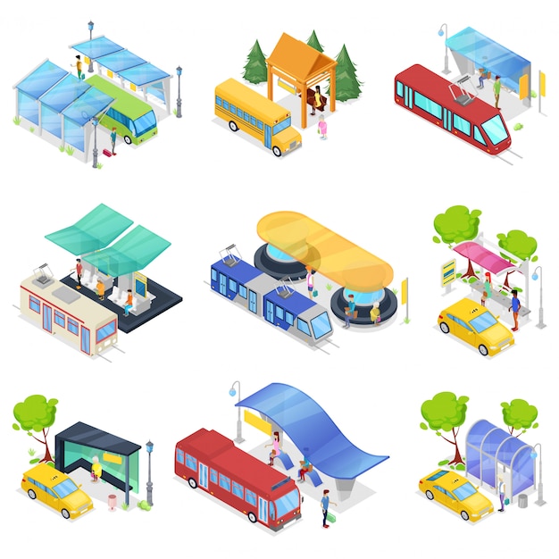 Vector isometric 3d set city public transport