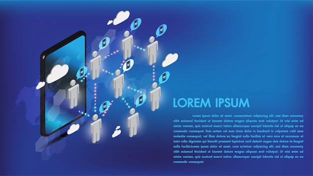 Isometric 3d smartphone internet connect social media with people and data transmission on cloud