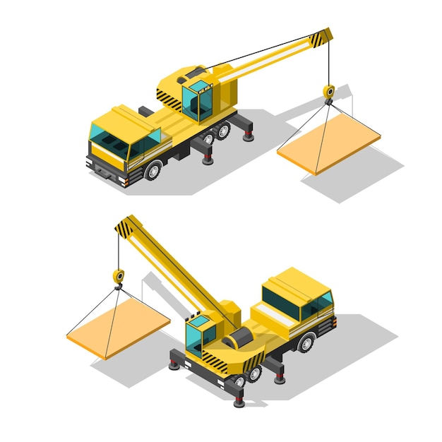 Vector isometric 3d transport car vehicle lifting crane lifts a load element working technique construction