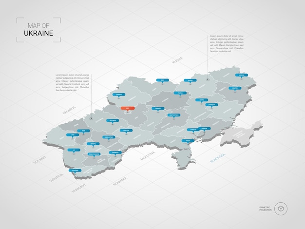 Mappa 3d isometrica dell'ucraina.