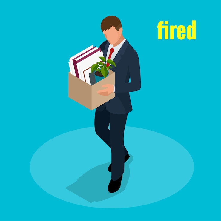 Vector isometric 3d vector illustration people dismissed sad man carrying box with her things dismissal, unemployment, jobless and employee job reduction concept.