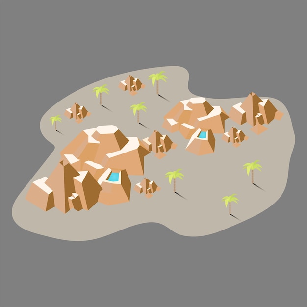 isometric 3d view of arabian desert with mountains and palm trees vector illustration