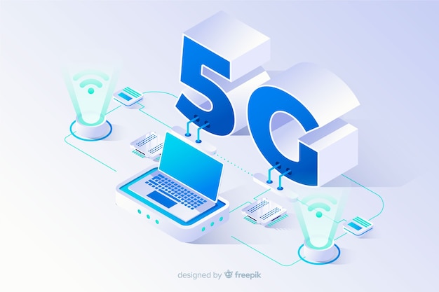 Isometric 5g concept background with technological devices