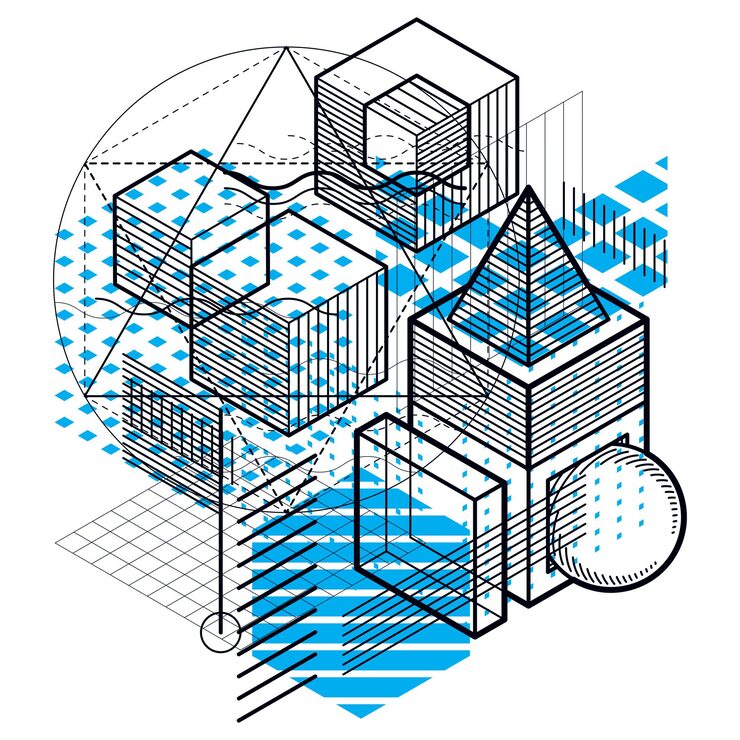 Vector isometric abstract background with linear dimensional shapes, vector 3d mesh elements. composition of cubes, hexagons, squares, rectangles and different abstract elements.