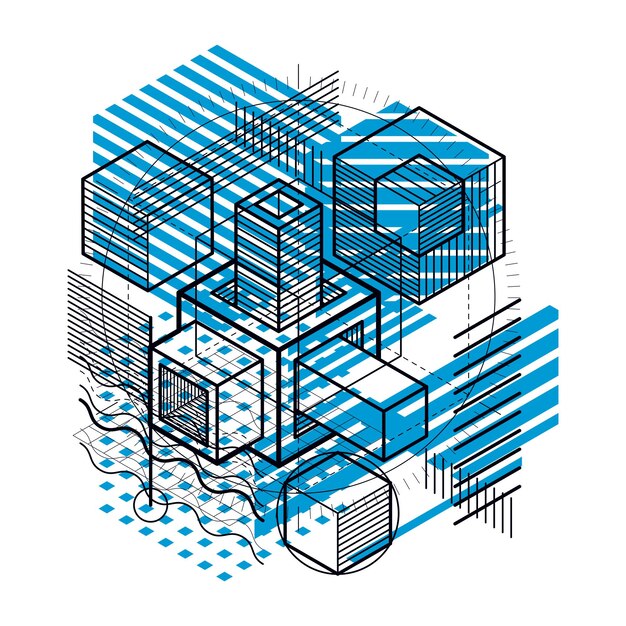 Isometric abstract background with linear dimensional shapes, vector 3d mesh elements. Composition of cubes, hexagons, squares, rectangles and different abstract elements.