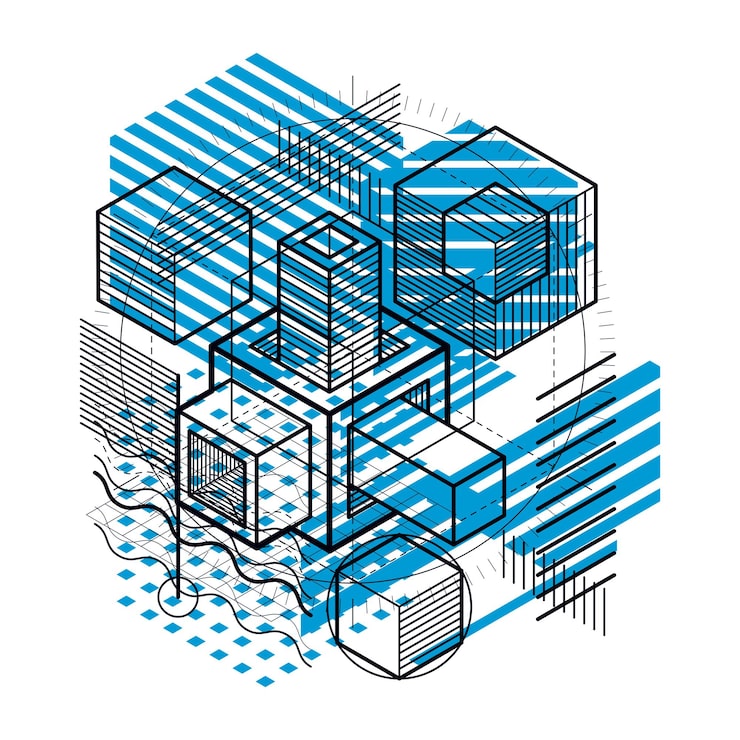 Vector isometric abstract background with linear dimensional shapes, vector 3d mesh elements. composition of cubes, hexagons, squares, rectangles and different abstract elements.