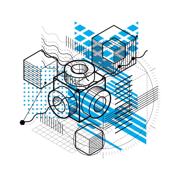 Vector 선형 차원 모양, 벡터 3d 메쉬 요소가 있는 아이소메트릭 추상 배경. 큐브, 육각형, 정사각형, 직사각형 및 다양한 추상 요소로 구성됩니다.