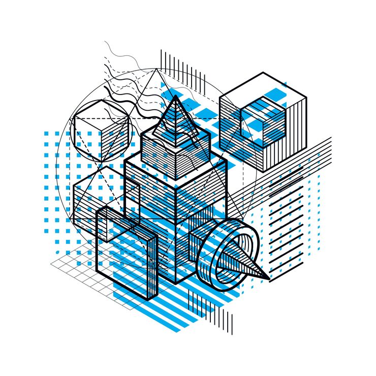Vector isometric abstract background with linear dimensional shapes, vector 3d mesh elements. composition of cubes, hexagons, squares, rectangles and different abstract elements.