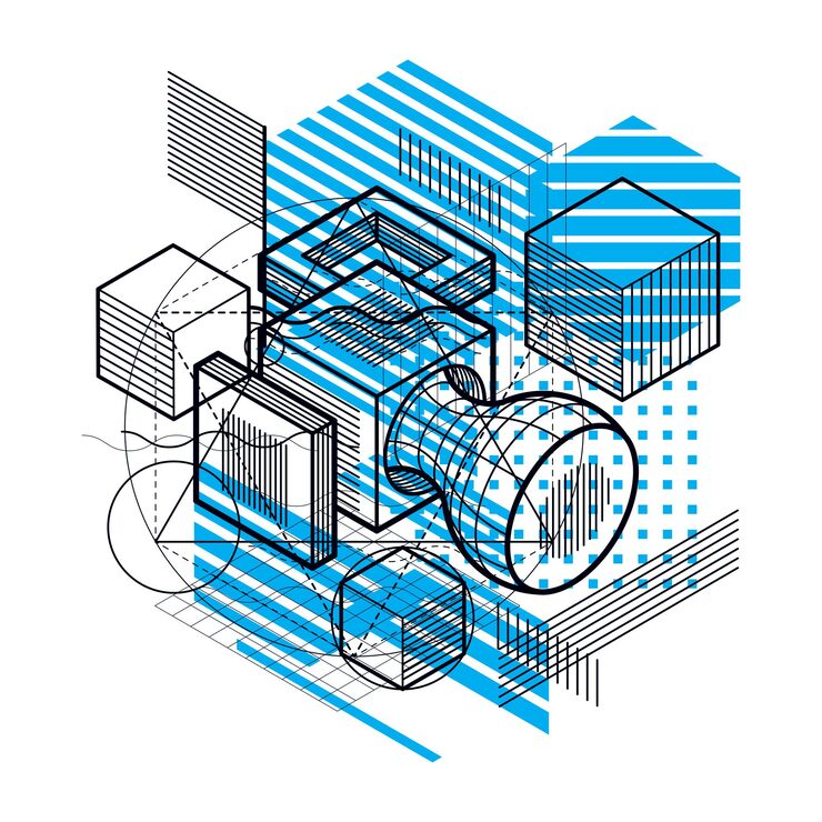 Vector isometric abstract background with linear dimensional shapes, vector 3d mesh elements. composition of cubes, hexagons, squares, rectangles and different abstract elements.