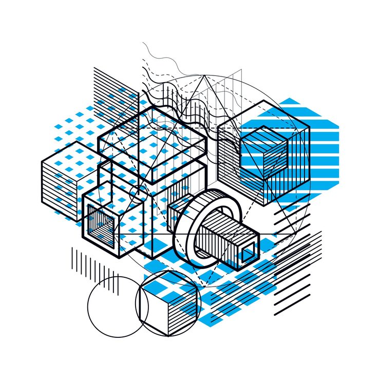 Vector isometric abstract background with linear dimensional shapes, vector 3d mesh elements. composition of cubes, hexagons, squares, rectangles and different abstract elements.