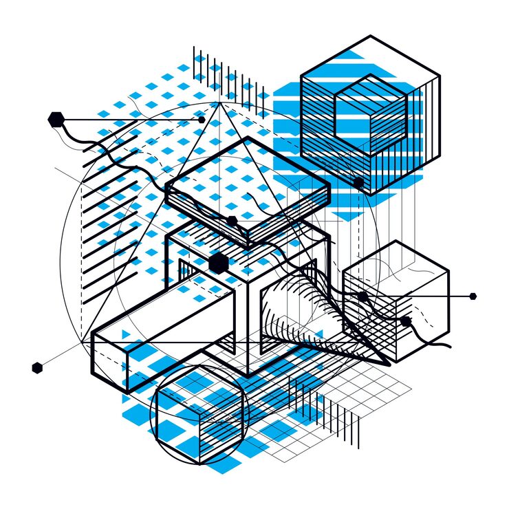 Вектор изометрический абстрактный фон с линейными размерными формами, векторными элементами 3d сетки. композиция из кубов, шестиугольников, квадратов, прямоугольников и различных абстрактных элементов.