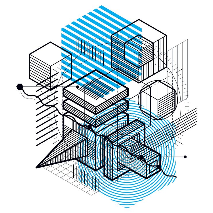 Vector isometric abstract background with linear dimensional shapes, vector 3d mesh elements. composition of cubes, hexagons, squares, rectangles and different abstract elements.