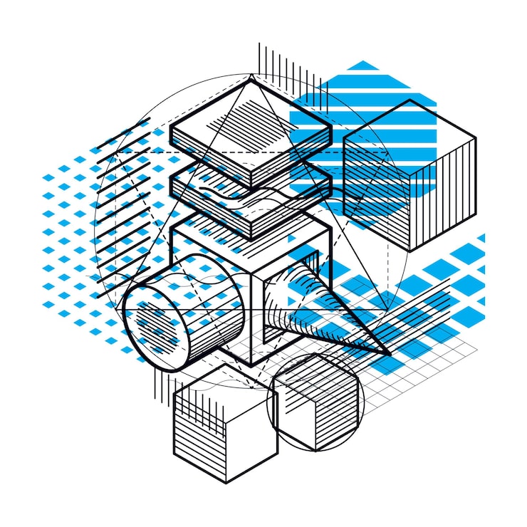 Vector isometric abstract background with linear dimensional shapes, vector 3d mesh elements. composition of cubes, hexagons, squares, rectangles and different abstract elements.